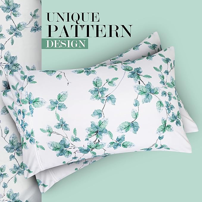 Utopia Bedding Queen Sheet Set, Soft Microfiber 4 Piece Bed Sheets with 15" Deep Pocket - Easy Care Brushed Microfiber (Leaves Mint - Green)