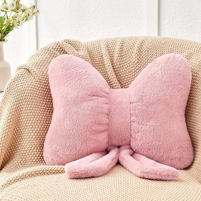 Dusty Pink Bow Pillow,12'' Bow Decorative Pillows with Faux Rabbit Fur,Soft Bow Throw Pillows Aesthetic Bow Shaped Pillow for Bed Sofa Couch Home Decor