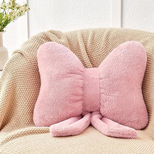 Dusty Pink Bow Pillow,16'' Bow Decorative Pillows with Faux Rabbit Fur,Soft Bow Throw Pillows Aesthetic Bow Shaped Pillow for Bed Sofa Couch Home Decor