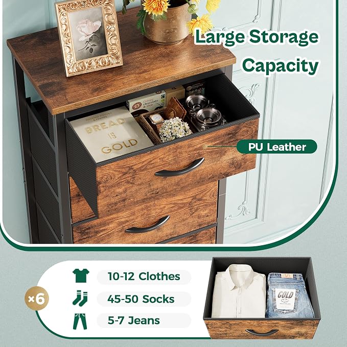 Huuger 43.3 Inch Tall Dresse for Bedroom, 6 Drawer Dresser & Chests of Drawers, Fabric Dresser for Closet, Bedroom, Night Stand, End Table with Metal Frame, Storage Tower, Rustic Brown - Image 7