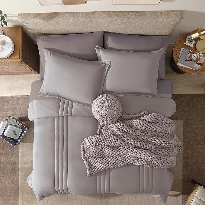 Monbix Full Comforter Set - 7 Pieces Cloud Purple Bed in a Bag Full Bedding Sets with Comforters, All Seasons Comforter Bed Set with Sheets, Pillowcases & Shams