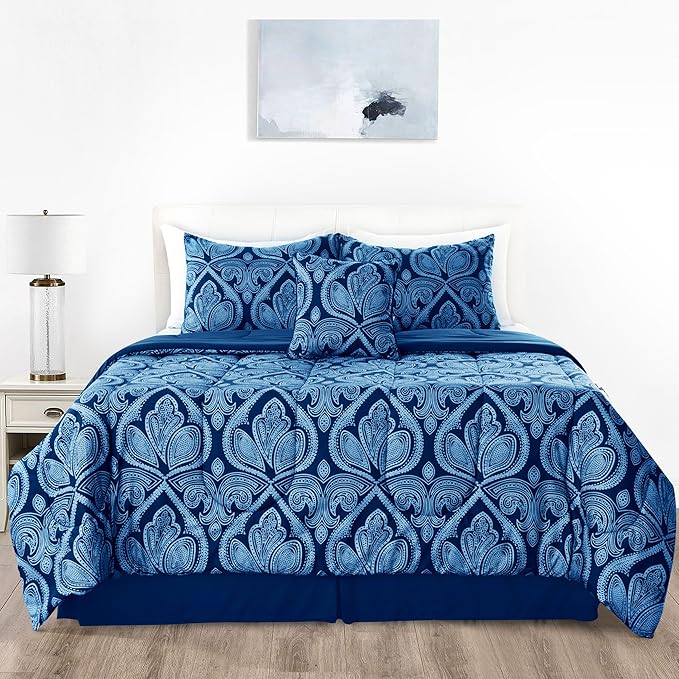 LUX Décor Reversible 5pc Queen Comforter Set, Printed Bedding Set, Microfiber Bed in a Bag, Includes 1 Comforter, 2 Pillow Shams, 1 Decorative Pillow & 1 Bed Skirt (Paisley Navy,Queen)