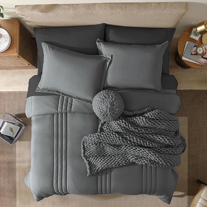 Monbix King Size Comforter Set - 7 Pieces Bed in a Bag King, Grey Bedding Sets with Comforter, All Seasons Comforter Bed Set with Sheets, Pillowcases & Shams