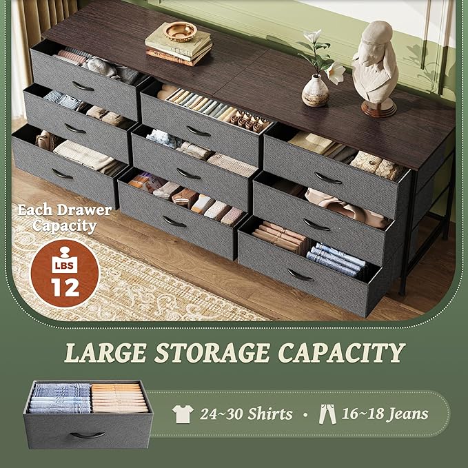 Huuger 63 Inch Dresser for Bedroom, Dresser for Closet with 9 Fabric Drawers, Large TV Stand for 55, 65, 70 Inch TV, Entertainment Center with Storage, Wide Long Chest of Drawers, Walnut and Dark Grey