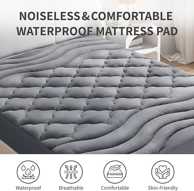 Sonive Waterproof Mattress Protector,Queen Mattress Topper with Deep Pocket up to 21'' Microfiber Fitted Mattress Pad Waterproof, Breathable Mattress Cover,Machine Washable Grey