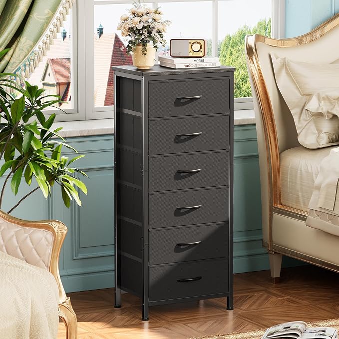 Huuger 43.3 Inch Tall Dresser for Bedroom, 6 Drawer Night Stand & Chests of Drawers, Fabric Dresser for Closet, Bedroom, Nightstand, End Table with Metal Frame, Storage Tower with Fabric Bins, Black - Image 5