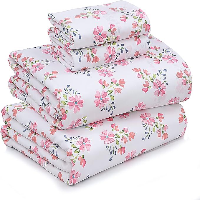 RUVANTI 100% Cotton Sheets – King Size Percale Bedding, Cooling & Breathable Floral Design, Durable with a Crisp, Soft & Comfortable Feel, 16" Deep Pocket, 4-Piece Set, Bloomex