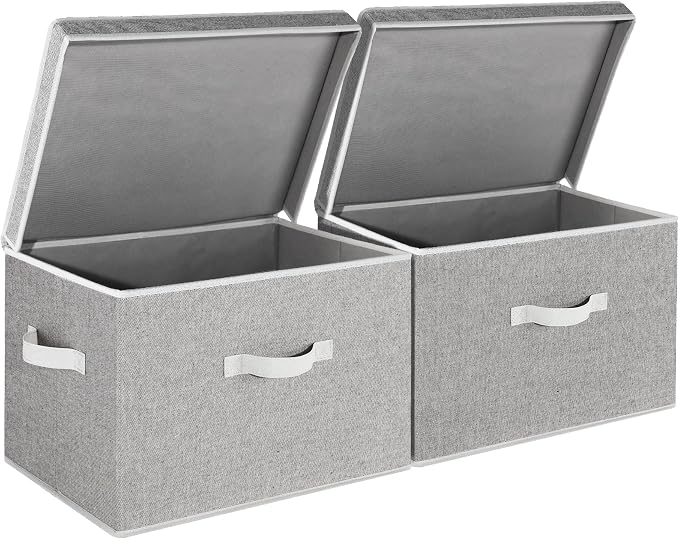 StorageWorks Fabric Storage Bins with Lid, Decorative Storage Boxes for Shelves, Stackable Closet Organizer Basket with Handles, Jumbo, Gray, 2-Pack by StorageWorks