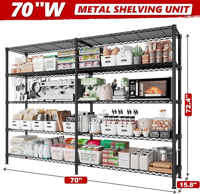 REIBII 70" W Storage Shelves Load 1600LBS,Metal Shelving 5-Tier Wire Shelving Unit Garage Shelving for Storage Adjustable Metal Shelves for Pantry Kitchen Garage Commercial, 70" W*15.8" D*72.4" H - Image 3