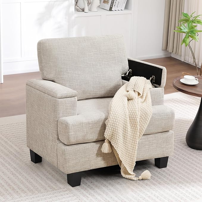 Beige Accent Chair with Armrest Storage, Modern Upholstered Reading Living Room Chairs, Comfy Large Armchair, Fabric Single Sofa Chair for Bedroom