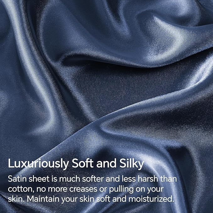 BEDELITE Satin Sheets Full XL Size Bed Set, Luxury Soft Navy Silky Sheets for Hair and Skin, Similar to Silk Bed Sheets Set 4 Pieces with 1 Deep Pocket Fitted Sheet, 1 Flat Sheet, 2 Pillowcases