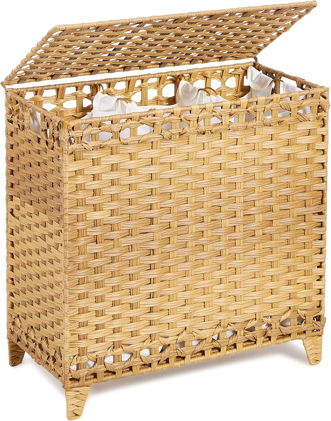 Laundry Hamper with 3 Removable Liner Bags; 132L Handwoven Rattan Laundry Basket with Lid & Heightened Feet; Clothes Hamper with Side Handles; Laundry Sorter with 3 Separate Sections by Hermina