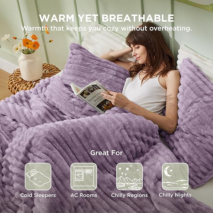 Bedsure King Comforter - GentleSoft™ 3 Pieces Double-Side Fleece Fluffy Lavender Comforter Set, Cozy Striped Room Decor Aesthetic, Luxury King Size Bedding with 2 Pillowcases, 104x90 Inches