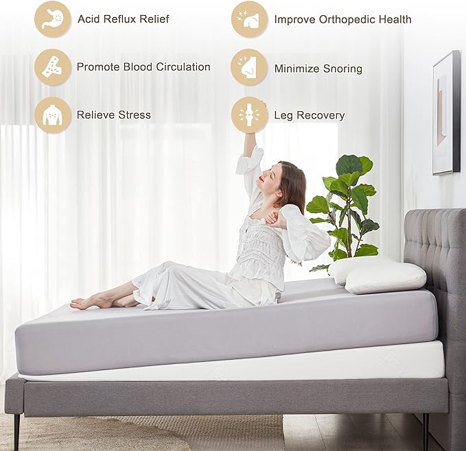 Wedge Mattress Elevator 7-Inch Inclined Mattress Topper for Acid Reflux, GERD, Neck & Back Pain, Snoring, Under Bed Wedge Mattress with Washable Cover & Non-Slip Bottom for Bedroom, Queen