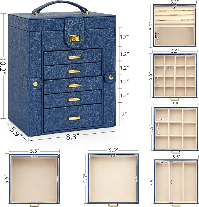AKOZLIN Jewelry Box Organizer Functional Leather Jewelry Storage Case for Women Girls Ring Necklace Earring Bracelet Holder Organizer with Mirror Blue - Image 2
