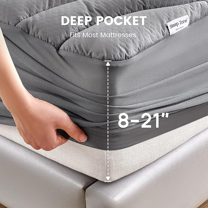SLEEP ZONE Grey Waterproof Mattress Pad Full Size, Premium Soft Embossed Mattress Topper, Quilted Fitted Mattress Protector Cover with Elastic Deep Pocket (Grey, Full)