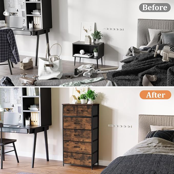Fabric Dresser for Bedroom, Tall Skinny Dresser with 6 Drawers, Storage Organizer Tower, Steel Frame Wooden Top for Closet, Living Room, Hallway(Rustic Brown) - Image 4