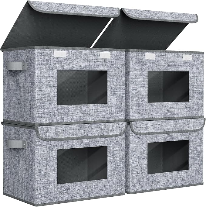Univivi Fabric Foldable Storage Boxes [4-Pack] Large Collapsible Stackable Storage Bins with Lids, Closet Organizers and Storage Cube Basket for Home, Office, Bedroom (Grey, 17'' x 12'' x 12") by Univivi