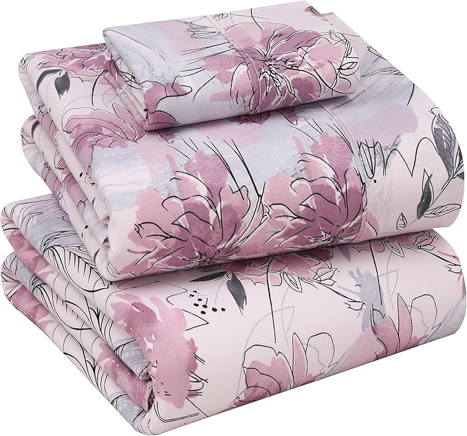 RUVANTI 100% Cotton Sheets – Twin XL Size Percale Bedding, Cooling & Breathable Floral Design, Durable with a Crisp, Soft & Comfortable Feel, 16" Deep Pocket, 3-Piece Set, Lilac Floral
