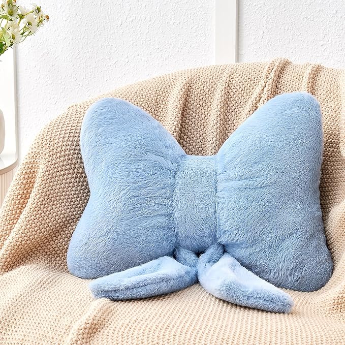 Dusty Blue Bow Pillow,12'' Bow Decorative Pillows with Faux Rabbit Fur,Soft Bow Throw Pillows Aesthetic Bow Shaped Pillow for Bed Sofa Couch Home Decor