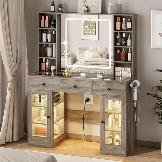 Grey Vanity Desk with Mirror and Lights, Glass Top Vanity with Lighted Mirror & RGB Cabinet and 3 Drawers, Dressing Table with 8 Shelves, Makeup Desk with Lights for Girls Bedroom, 3 Color Modes