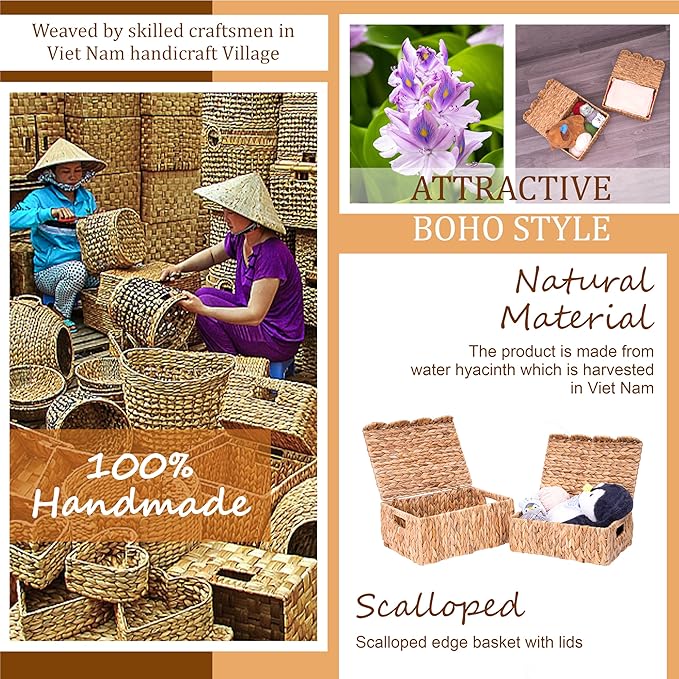 LUSYDECO Set of 2 Scalloped Edge Wicker Basket with Lids, Rectangle Wicker Storage Basket with Built-in Handles, Multipurpose Organizer Rattan Display Boxes for Shelf, Nursery Room - Image 6