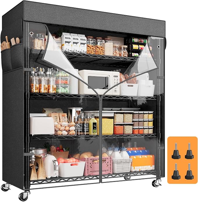 REIBII 72.8" H Storage Shelves with Cover & Wheels, Wire Shelving Heavy Duty Metal Shelving for Pantry Kitchen Garage, Storage Rack Shelf Shelving for Commercial Industrail, 35" W*16" D*72.8" H by REIBII