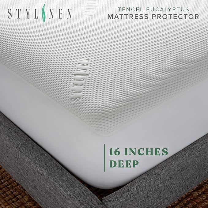 King Tencel Eucalyptus Mattress Protector - Waterproof Breathable Cooling Cover Protects Against Moisture, Spills, Stains - Noiseless, Machine Washable, Fits 16 inch Bed (King)