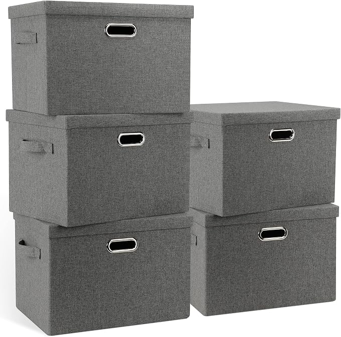 Graciadeco Large 17" 36 Quart Collapsible Stackable Storage Bins with Lids, 5 Packs Gray Foldable Fabric Closet Storage Boxes with Lids, Heavy-duty Linen Cube Baskets(17 x 12 x 11) by GraciadecoStorage