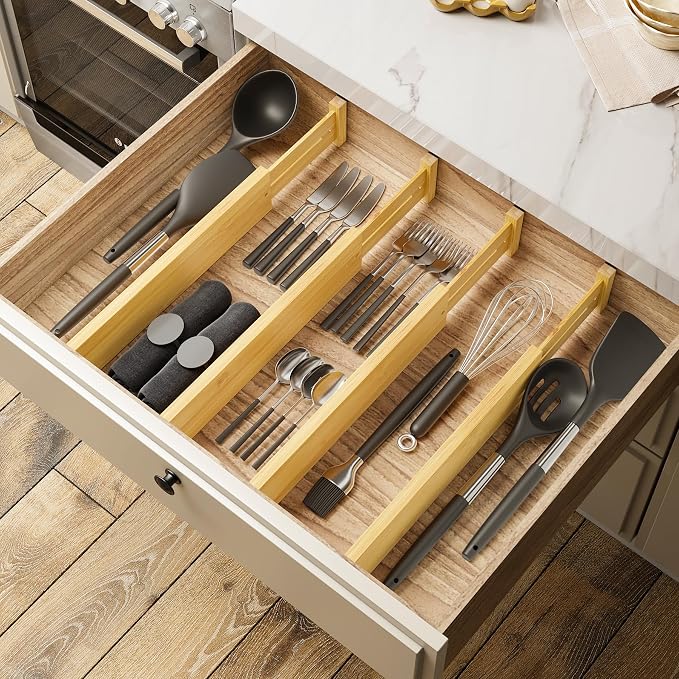 BAMEOS 4 pcs 3" High Bamboo Drawer Dividers Adjustable Drawer Organizer Expandable Drawer Organization Utensil Organizers for Kitchen Dresser Bathroom Bedroom and Office - Image 4