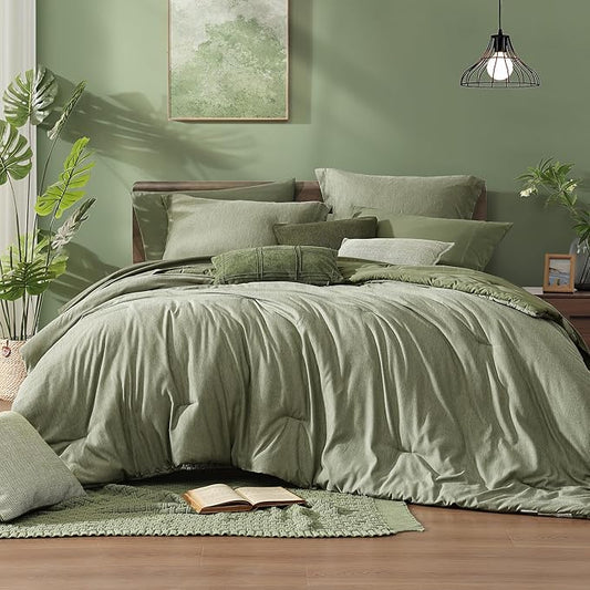 Monbix Twin XL Comforter Set Sage Green, Cationic Dyeing Bedding Set Reversible 5 Pieces, All Season Bed in a Bag with Comforter, Sheets, Pillowcase & Sham