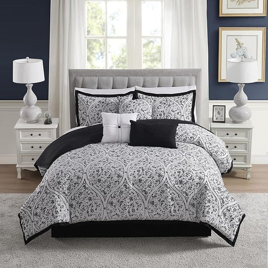 King Size Comforter Set - Soft & Breathable 7-Piece Bedding Collection - 1 Comforter, 2 Pillow Shams, 1 Bed Skirt & 3 Decorative Accent Pillows - Premium Quality, King, Black/White Damask