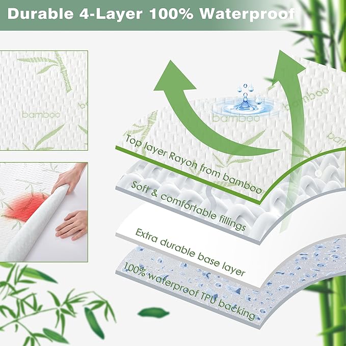 Parkdeny King Mattress Encasement, Waterproof Cooling Rayon from Bamboo, 3D Air Fabric, Breathable, Noiseless, Washable, Fits 5"-15" Deep Mattresses