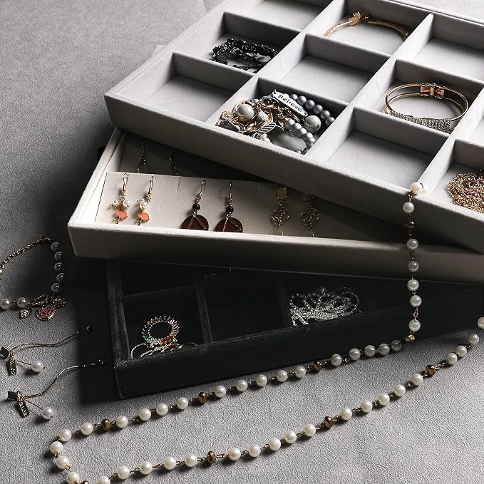 Frebeauty Stackable Velvet Jewelry Organizer Trays for Drawers Inserts Jewelry Storage Tray Display Case, Stud Earrings Bracelets Necklace Rings Trays for Women Girls(Set of 2)(Grey) - Image 7