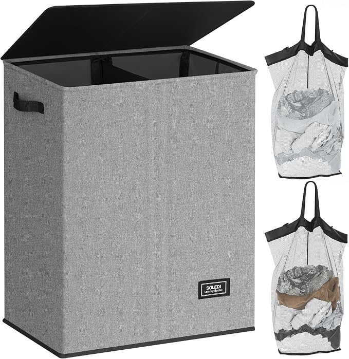 SOLEDI Double Laundry Hamper with Lid, 130L Clothes Hamper 2 Section, Laundry Basket with Removable bag, Bed room decor aesthetic, laundry room organization, Home and dorm room essentials by SOLEDI