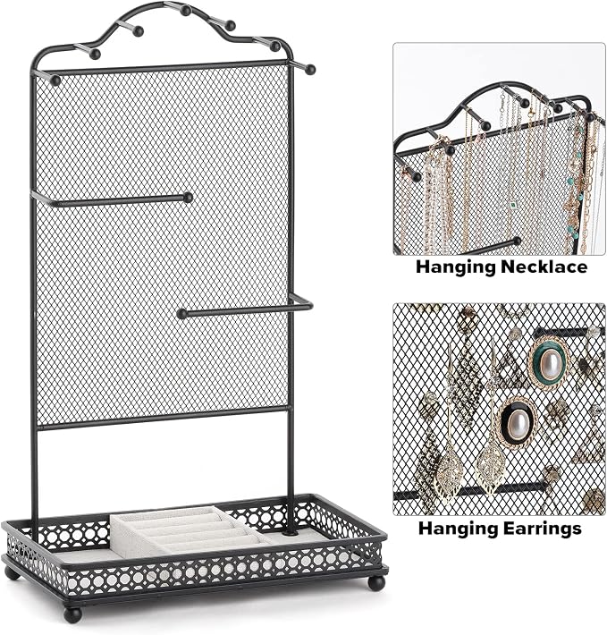Meangood Black Jewelry Organizer Stand, Earring Holder Rack for Hanging Earrings Necklace Bracelets Watches Jewelry Display Large Rings Storage as Women Gift - Image 4