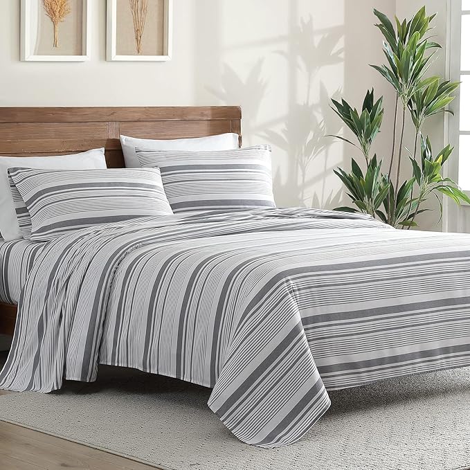 ClevaHome Classic Stripe Sheet Set - 4 Pieces Super Soft & Breathable Bed Sheet Set with Deep Pocket, Enhanced Comfort & Easy Care (Full, Stone Stripe)