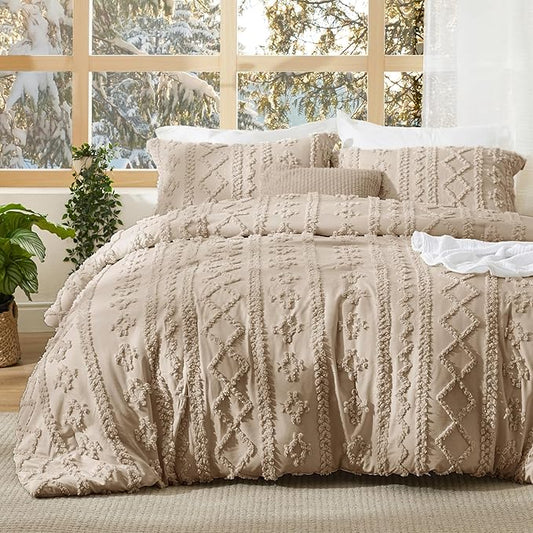 Bedsure Tufted Boho Comforter Set King Size - Khaki Boho Bed Set, GentleSoft™ 3 Pieces Farmhouse Shabby Chic Embroidery Bedding, Gifts for Woman, Soft Jacquard King Comforter for All Seasons