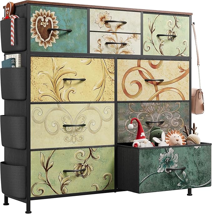 WLIVE Fabric Dresser for Bedroom with 10 Drawers, Chest of Drawers with Side Pockets and Hooks, Sturdy Metal Frame, Drawers Organizer Unit for Living Room, Hallway, Floral Painted