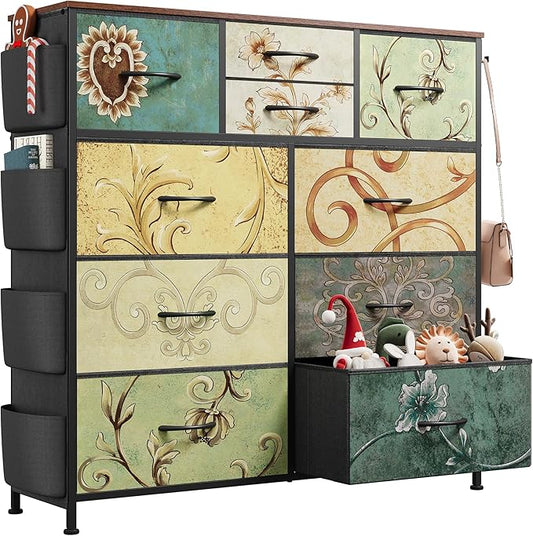 WLIVE Fabric Dresser for Bedroom with 10 Drawers, Chest of Drawers with Side Pockets and Hooks, Sturdy Metal Frame, Drawers Organizer Unit for Living Room, Hallway, Floral Painted
