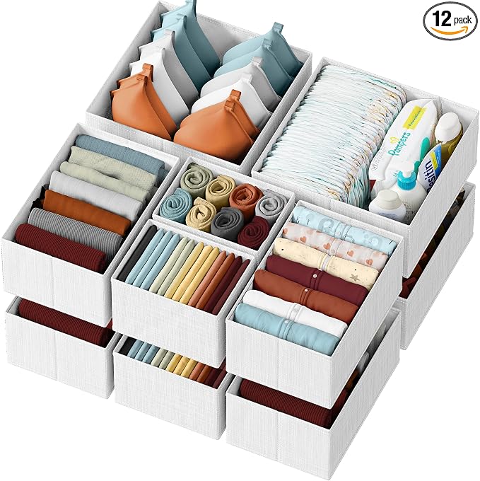 Drawer Organizer Clothes Set of 12 White-Grey - Dresser Organizer For Nursery, Bedroom, Closet - Perfect Baby Clothes Organizer and Storage & General Nursery Organization or Dresser Drawer Organizers by Neaterize
