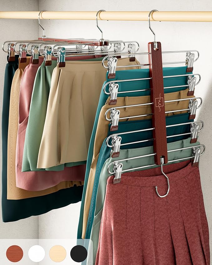 MORALVE Skirt Hangers Space Saving with Clips - 2 Pack - European Beechwood 5-Tier Hanger for Shorts, Skirts, and Pants - Closet Organizer and Storage Solution for Women with 360° Swivel Hook by MORALVE