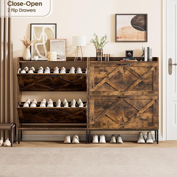 Nicetree Shoe Cabinet Organizer with 2 Flip Drawers, Freestanding Narrow Rack with Metal Legs, Farmhouse Slim Shoe Storage for Entryway, Foyer, Hallway, Rustic Brown - Image 3