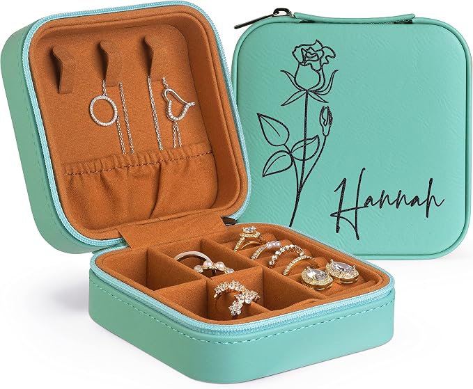 Custom Leather Jewelry Box w/Name & Birth Flower Month - Birthday Gifts for Women, Personalized Jewelry Travel Case - Customized Jewelry Organizer Box, Mom Birthday Gifts - Lime Dream by PersonalizationLab