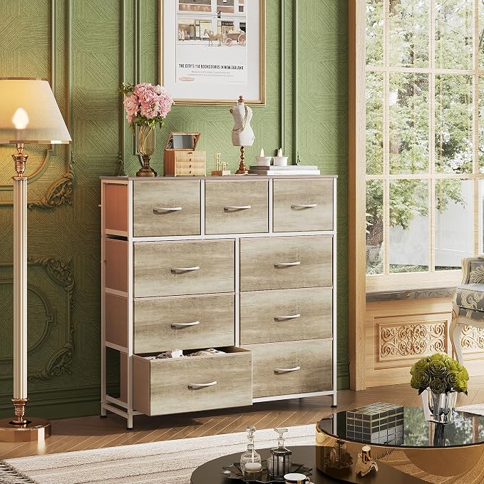 WLIVE 9-Drawer Dresser, Fabric Storage Tower for Bedroom, Hallway, Nursery, Closet, Tall Chest Organizer Unit with Fabric Bins, Steel Frame, Wood Top, Easy Pull Handle, Greige - Image 2