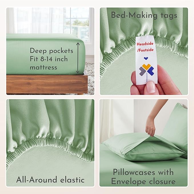 California Design Den Deep Pocket Queen Sheets Set - Natural 100% Cotton Bed Sheets, Soft Sateen Weave, All Around Elastic, Breathable and Durable Bedding - Frosty Green