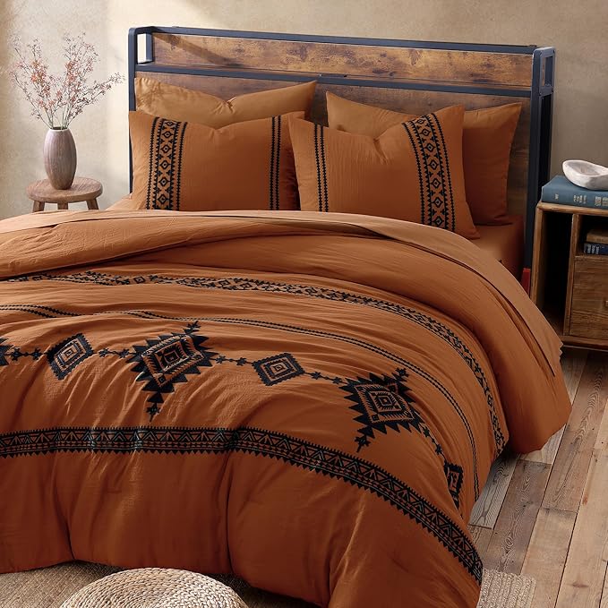 MaiRêve Embroidery Comforter Set, Boho Farmhouse Western Bedding Set, All Season Bed in A Bag Comforter Set with Sheets, Pillowcases & Shams, Burnt Orange Oversized Queen 7 Pieces
