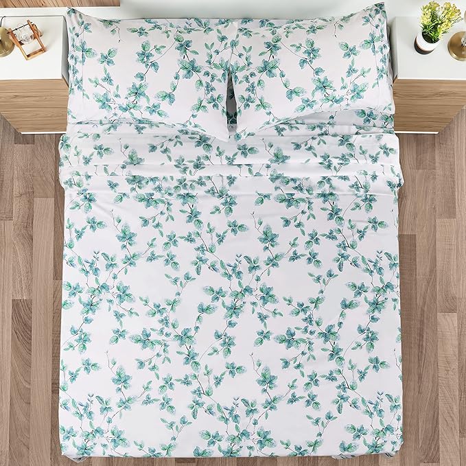 Utopia Bedding Queen Sheet Set, Soft Microfiber 4 Piece Bed Sheets with 15" Deep Pocket - Easy Care Brushed Microfiber (Leaves Mint - Green)
