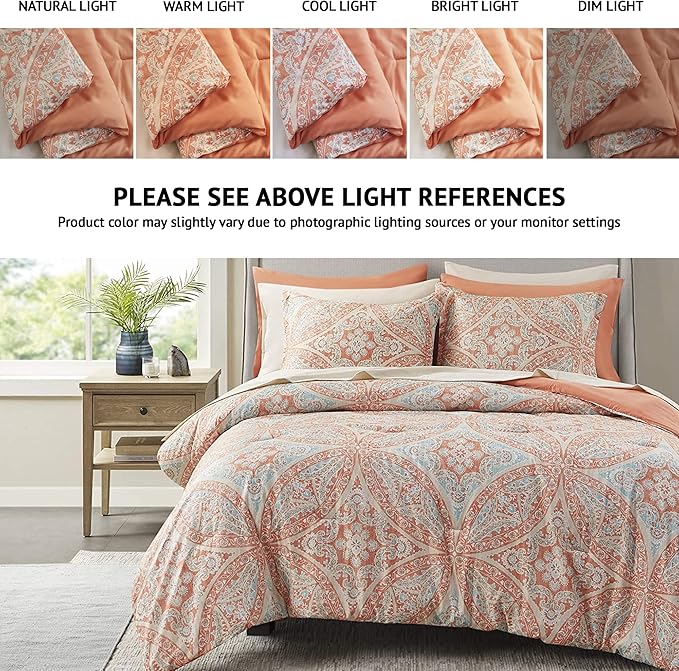 Comfort Spaces Bed in A Bag - Trendy Casual Design Cozy Comforter with Complete Sheet Set with Side Pocket, All Season Cover, Matching Shams, Full(80"x90"), Gloria, Damask Coral 9 Piece