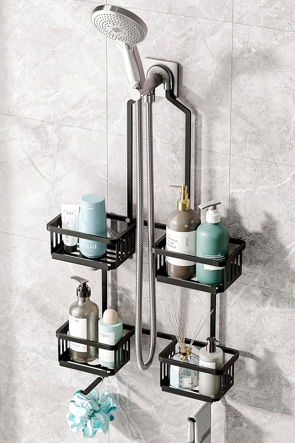 Aluminum Shower Caddy Hanging for Handheld Showerheads, Never Rust Shower Organizer with Hooks Holder Toothbrush Holder，Over Showerhead Caddy for Bathroom, Black by BXINREDA